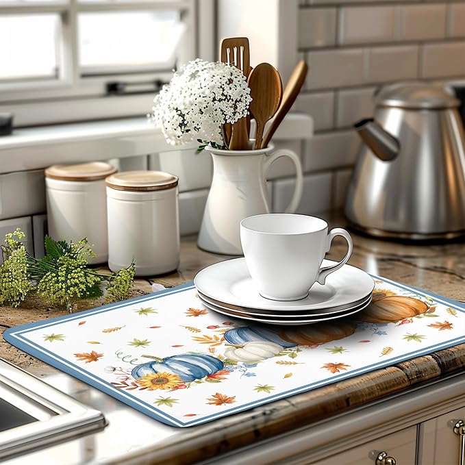 Fall Dish Drying Mat for Kitchen Counter 18 x 24 Inch Colorful Pumpkin Dish Drainer Mat Absorbent Microfiber Autumn Thanksgiving Harvest Dish Rack Pad for Coffee Dining Bar Decor