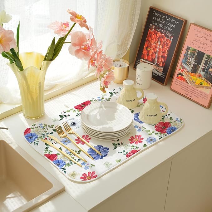 Blue Red Floral Dish Drying Mats 18x24 Inch Independence Day Flower Drying Mats 4th Of July Outdoor Decorations Absorbent Memorial Day Drying Dish Mats for Kitchen Dining Room Counter Decor