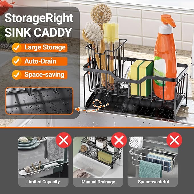 StorageRight Kitchen Sink Caddy Organizer, Rustproof Sponge Holder for Kitchen Sink, Instant Dry High Brush Holders with Drain Tray, Anti-Slip Storage Organization Essentials, Black