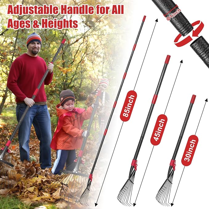 Garden Leaf Rakes for Leaves - 85" Adjustable Roof Cleaning Rake with Expandable Steel Head (8”-17”), Collapsible for Gardening Beds,Lawn,Shrub,Small Areas,Pine Needle& Camping Use