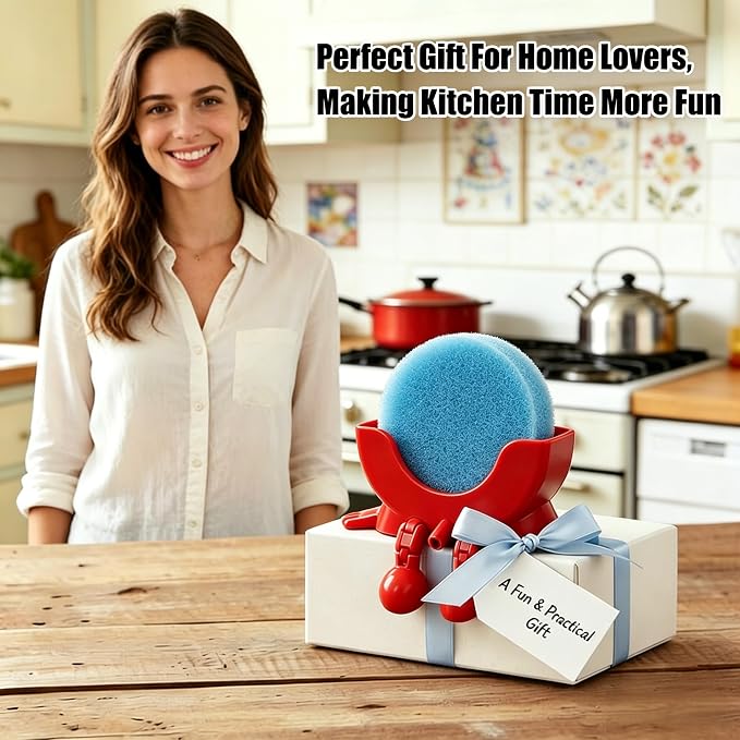 Cute Hanging Sponge Holder with Drainage,3D Printed Kitchen Funny Sponge Stand for Sink,with non-slip pads,Suitable for Scrub Daddy Holder,Keeps Your Sponge Dry Smiling (Red)