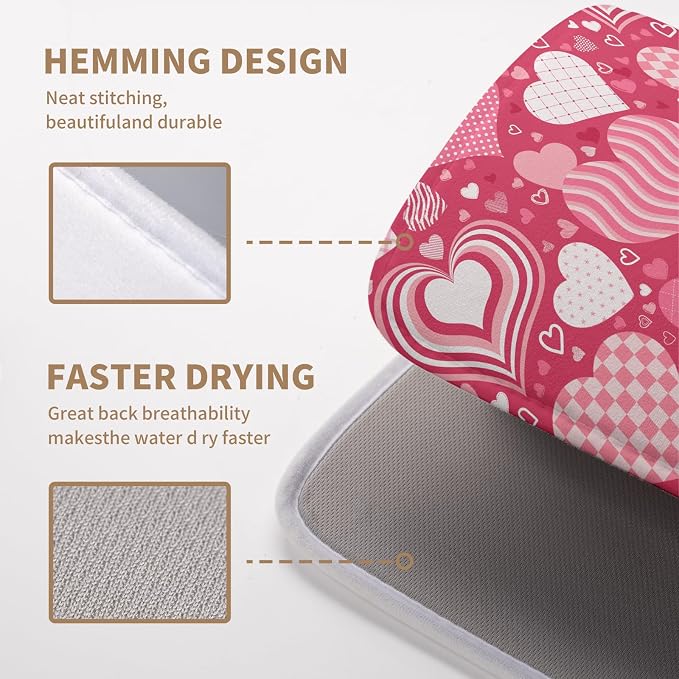 Valentine's Day Red Pink Love Heart Drying Mat for Kitchen Counter - Absorbent Microfiber Dish Drainer Mats - Medium Drying Pad - 16x18 Inch