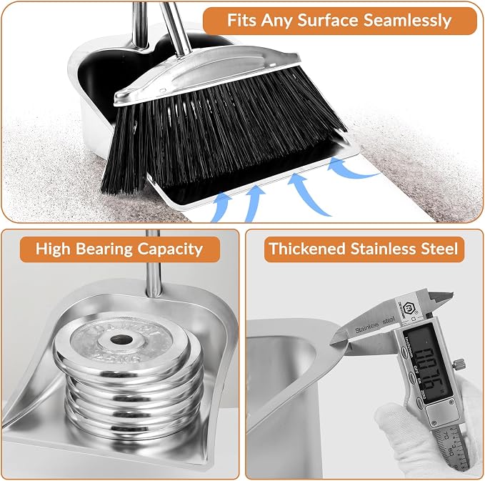 VOOWO Broom with Dustpan Combo Set, 46" Stainless Steel Broom and Dustpan Set for Home, Heavy Duty Dust Pan with Long Handle, Broom for Sweeping Indoor and Outdoor, Kitchen Broom and Dust Pan (Black)