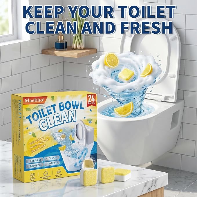 Toilet Bowl Cleaner Tablets – Lots of Foam Deodorizer & Septic Safe, Odor Eliminator, Stain Remover for Long-Lasting Freshness,No Harsh Chemicals,– Fresh Lemon Scent 24 Pack