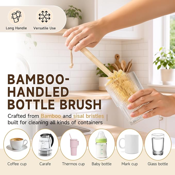 SAMEBUTECO 5 Piece Bamboo Dish Brush Set,11.5’’ Long Handle Bottle Brush with Sisal Bristles, 3 Pot Brushes,1 Replaceable Heads, Natural Kitchen Brush for Pot,Pans,Sink,Vegetables