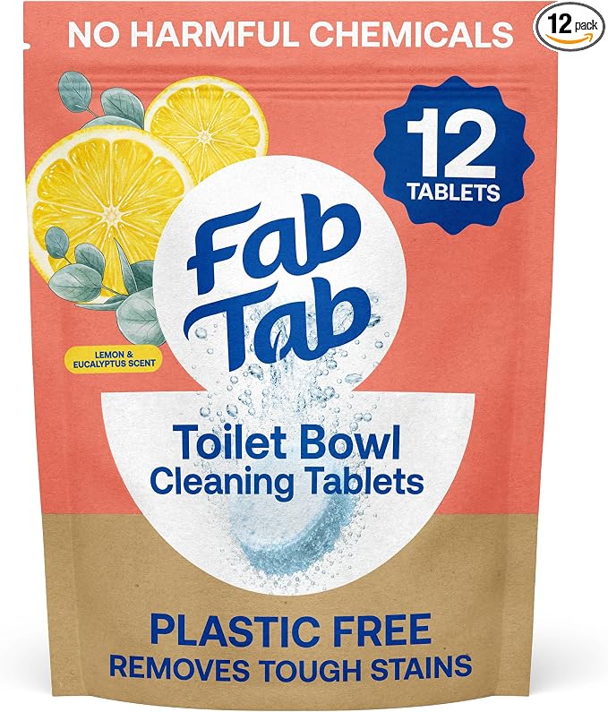 Fab Tab Toilet Bowl Cleaner Tablets, Powerful Stain Removal, No Harsh Chemicals, Plastic-Free, Removes Rust & Stains, Safe for Regular and Septic Tank Toilets, Lemon & Eucalyptus Scent