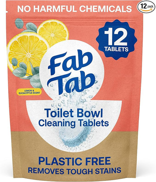 Fab Tab Toilet Bowl Cleaner Tablets, Powerful Stain Removal, No Harsh Chemicals, Plastic-Free, Removes Rust & Stains, Safe for Regular and Septic Tank Toilets, Lemon & Eucalyptus Scent