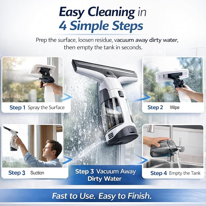 Window Vacuum Squeegee Cordless Electric 2000Pa(White) | Electric squeegee 11-inch blade and 150mL tank for windows, shower doors, mirrors and smooth glass