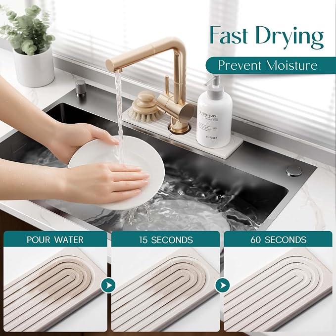 eormoe Diatomite Kitchen Faucet Mat - 14Inch Water Absorbing Stone Tray for Sink, Stone Fast-Drying Faucet Mat for Kitchen Counter Sink Accessories (Light Grey, 14'' x 3.9'')