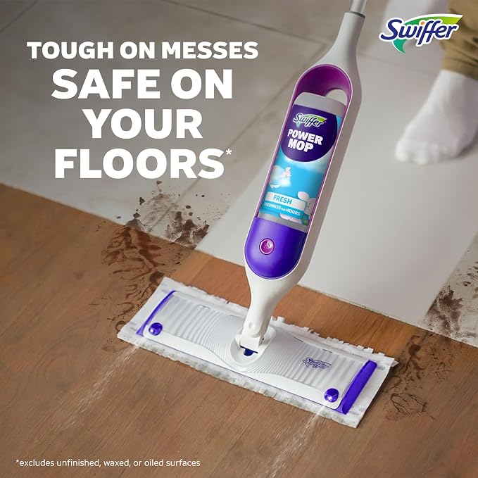 Swiffer PowerMop Mopping Kit for Floor Cleaning, Set Includes 1 Power Mop, 2 Replacement Pads, 1 Liquid Solution Refill, 2 Batteries, No Bucket Needed Electric Spray Cleaner, Multi-Surface and Wood