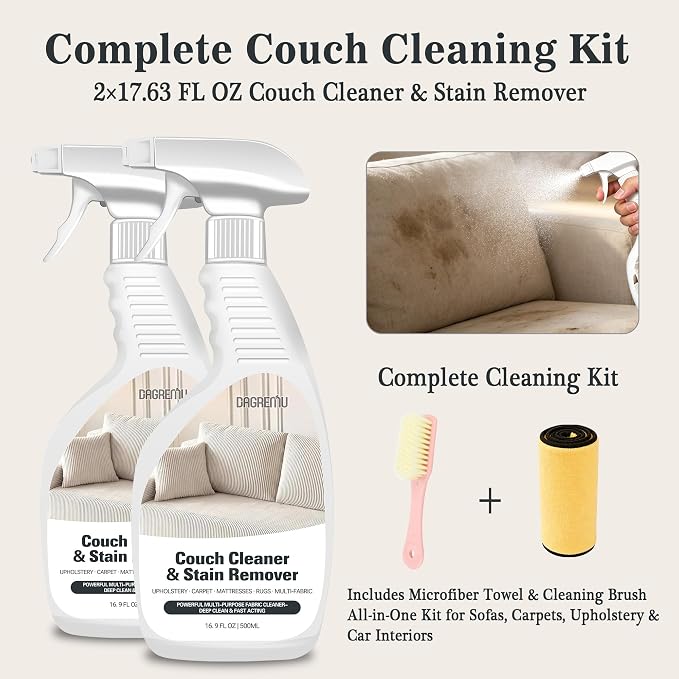 Couch Cleaner Stain Remover Spray - Multi-Surface Fabric Upholstery Cleaner | Pet Safe, Non Toxic, Quick Drying. Professional Strength for Sofa, Couch and Carpet - Includes Brush and Towel (2 Pack)