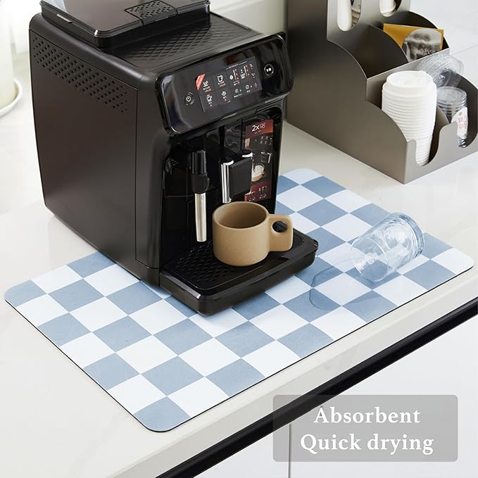 Ohocut Checkered Dish Drying Mat for Kitchen Counter, Coffee Bar, Coffee Station Accessories, Retro Cute Aesthetic Modern Absorbent Drainer Mat Kitchen Drying Mat Easy Clean, Blue 16" x 24"