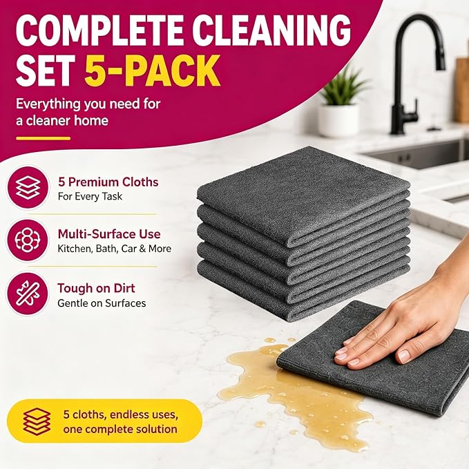 Magic Cleaning Cloth 5-Pack for Stainless Steel, Windows, Glass (5 Cloths) | 7.87 × 11.81 inches, Thick Microfiber, Reusable