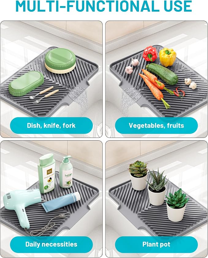 Dish Drying Mat Kitchen Counter - Silicone Dish Drying Pad with Built-in Drain for Sink, Refrigerator and Drawer liner, Easy Clean, Non-Slip, Heat Resistant, 15.8" x 13"