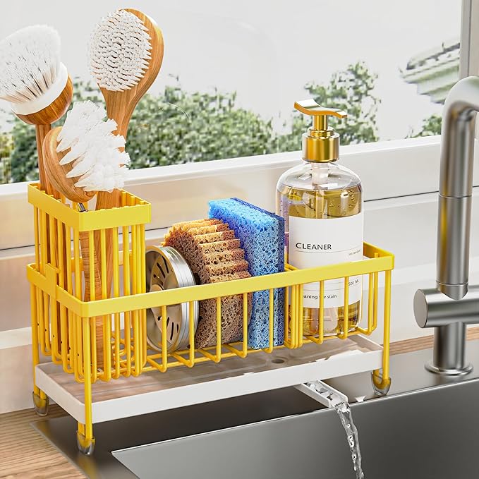 Cisily Sponge Holder for Kitchen Sink, Sink Caddy Organizer with High Brush Holder, Kitchen Countertop Organizers and Storage Essentials, Rustproof 304 Stainless Steel (Yellow, 9.25″)