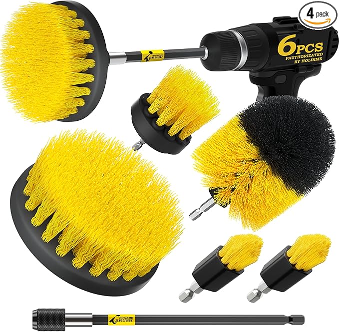 Holikme 6Pc Drill Brush Set - Soft Bristles with Extension for Home Clean | 5 Head Sizes, Yellow Nylon Fibers, Power Scrubber Attachments for Tile, Tub, Shower, Floors, Kitchen and Auto Interior Care