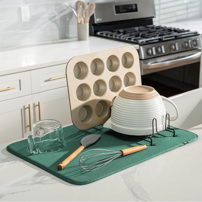 S&T INC. Dish Drying Mat, 18" x 24", XL, Diamond Texture, Green | Absorbent Microfiber, Extra Large Kitchen Counter Mat for Dishes, Utensils, Pots and Pans, Machine Washable