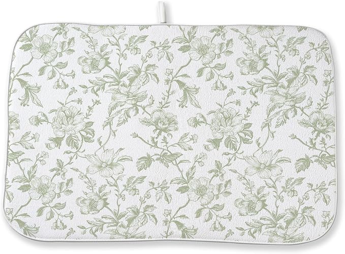 Sage Green Floral Dish Drying Mats 18x24 Inch Sage Green Chinoiserie Flower Holiday Kitchen Decor Absorbent Drying Pad Rack Drainer Mats for Kitchen Dining Room Counter