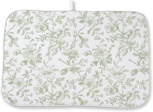Sage Green Floral Dish Drying Mats 18x24 Inch Sage Green Chinoiserie Flower Holiday Kitchen Decor Absorbent Drying Pad Rack Drainer Mats for Kitchen Dining Room Counter