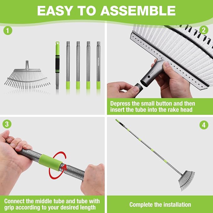 WORKPRO Rakes, Small Leaf Rake with 73” Adjustable Long Handle | Narrow Metal Garden Rake with 25 Steel Tines, Heavy Duty Rust-Resistant Lawn Rakes for Yard, Flower Beds & Tight Spaces