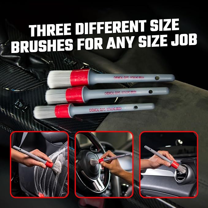 Chemical Guys, All in the Details Interior Detailing Brush Set, 3-Piece | Three soft, durable brushes reach vents, consoles, buttons and trim to lift dust and grime from tight spots