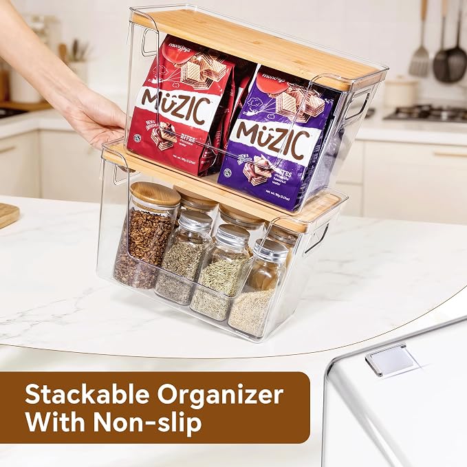 Criusia 2 Set Pantry Organizers and Storage with Bamboo Lids, Stackable Clear Bins for Onion, Potato, Fruit, Vegetables, Trash Bag Dispenser, Kitchen and Under Sink Organizer