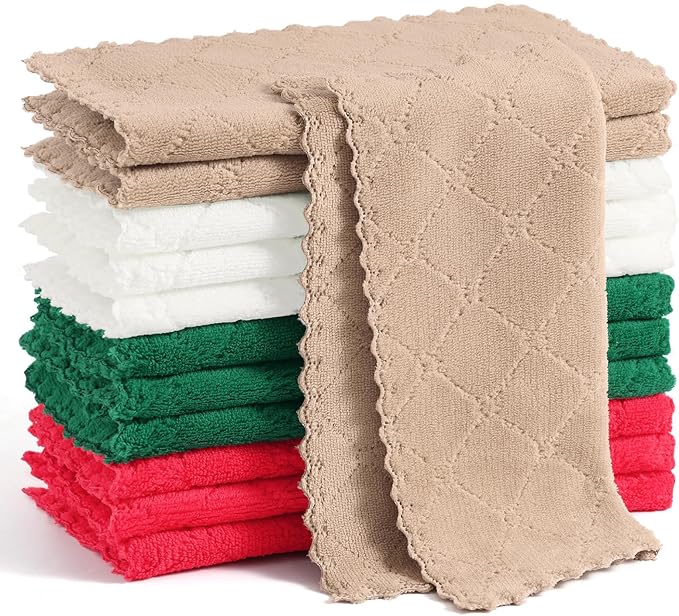 Homaxy 12 Pack Kitchen Dish Cloths, Super Soft and Absorbent Coral Velvet Dish Towels, Nonstick Oil Fast Drying Microfiber Cleaning Cloth, 10 x 10 inches, Dark Green/Tan/Red/White