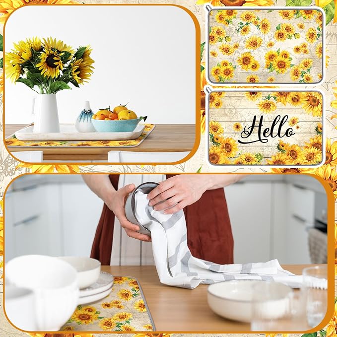 Zonon Dish Drying Mat for Kitchen Counter 16 x 24 Microfiber Absorbent Dish Drainer Rack Pads Fast Dry Mat Vintage Kitchen Decorations(Yellow,16" X 24",Sunflower)
