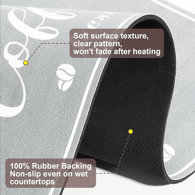 CooRug Absorbent Coffee Mat, Fashion Dish Drying Mat for Kitchen Counter Coffee Bar Accessories Espresso Machine Dish Rack 17" x 32" Light Grey