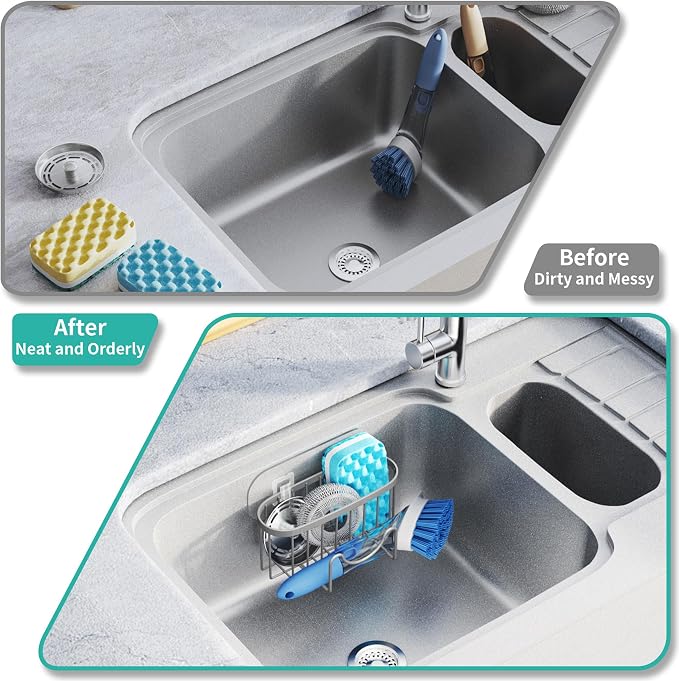 HapiRm Sponge Holder for Kitchen Sink - Sink Caddy with Unique M-Shaped, 2 Installation Methods Kitchen Organizer, Rustproof Stainless Steel Sponge Caddy - Grey