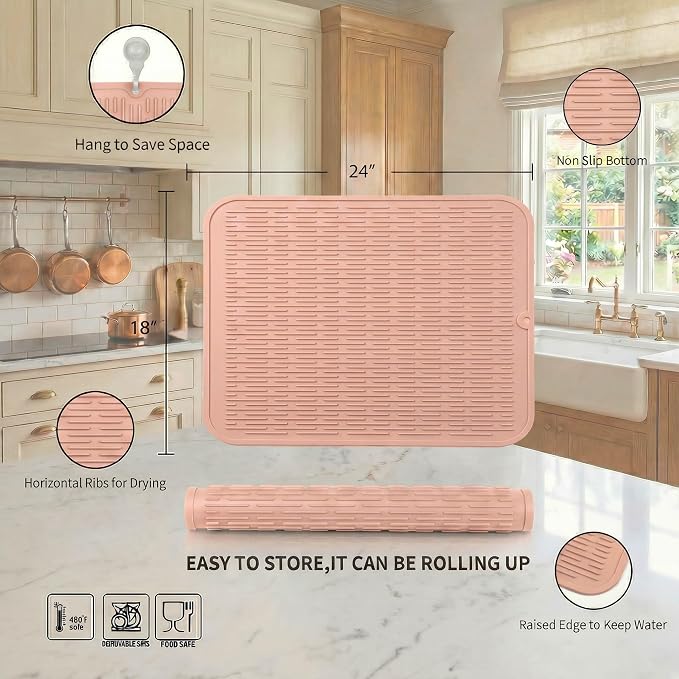 MicoYang Silicone Dish Drying Mat for Multiple Usage,Easy clean,Eco-friendly,Heat-resistant Silicone Mat for Kitchen Counter or Sink,Refrigerator or Drawer Liner Pink 2XL 24 inches x 18 inches