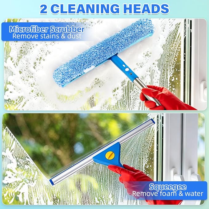 Window Cleaning Kit with 3 Gal Bucket - 14'' Window Squeegee&15'' Scrubber&76'' Long Handle Window Cleaner Tool, Professional Windows Washing Equipment for Home, Commercial Use, Outdoor, Car