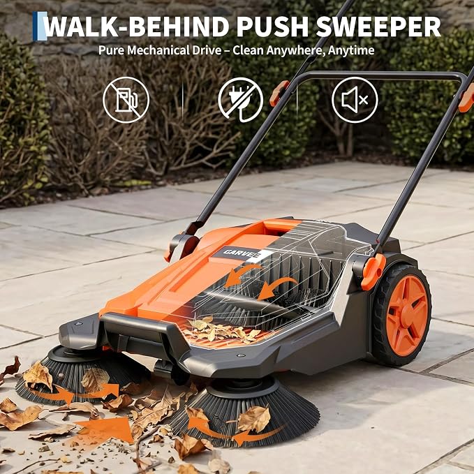 Professional Walk-Behind Push Floor Sweeper, 25.6" Manual Non-Electric Sweeper with Large Capacity Dustbin,Adjustable & Foldable Handle