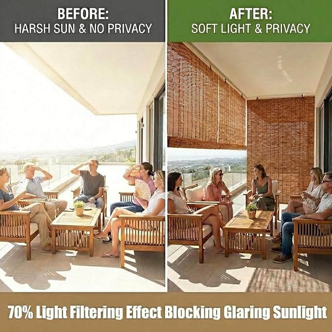Bamboo Blinds Outdoor, Breathable Bamboo Roller Shades for Outside Patio, 36" 48" 60" 64" 72" 78" Width Privacy Sun Shade, Cordless Bamboo Roll Up Shades for Porch Backyard(30" W x 48" H)
