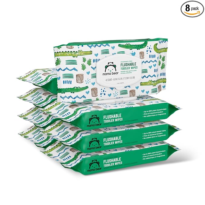Amazon Brand - Mama Bear Flushable Toddler Toilet Wipes, Unscented, Formulated without Fragrance, Hypoallergenic, Septic Safe, 336 Count, 8 Packs of 43