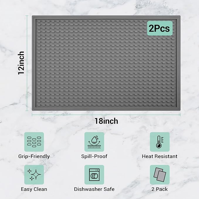 Rubber Bar Mat for Counter, Grey 2 Pack 12"x18" grip-friendly Coffee Bar Mat, Heat Resistant & Spill-proof Countertop Protector Mat for Kitchen, Home Bar, Coffee Station, Easy Clean Dish Drying Mat