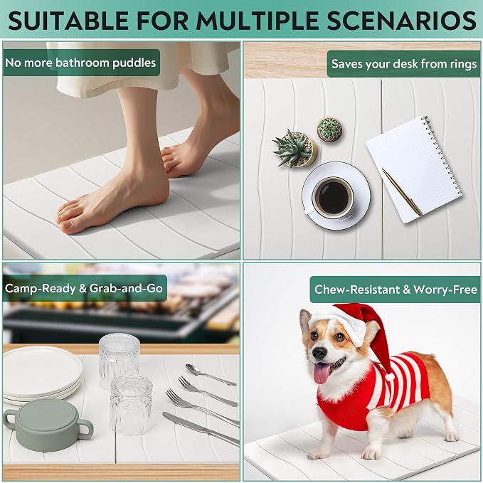 Stone Drying Mat for Kitchen Counter, Quick Diatomaceous Earth Mats for Dishes, Super Absorbent Fast Drying Collapsible Countertop Stone Mat , for Dishes Bottles Cups Bathroom ,24"(L)×16 (W)