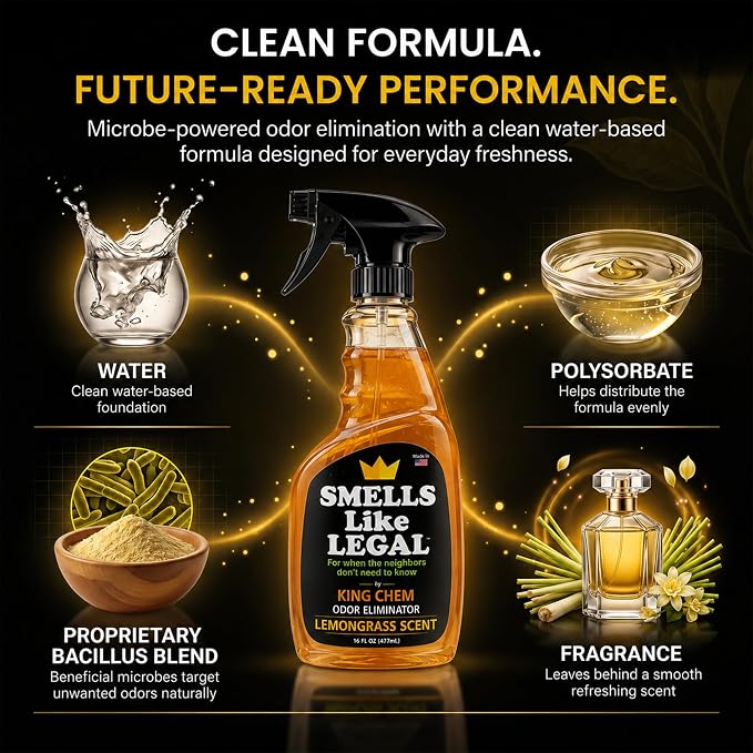 Smells Like Legal™ Lemongrass Odor Eliminator Spray -16 oz | Commercial-Grade, Eliminates Smoke, Pet & Food Odors, Fabric-Safe, Non-Staining, Biodegradable, Air & Fabric Freshener