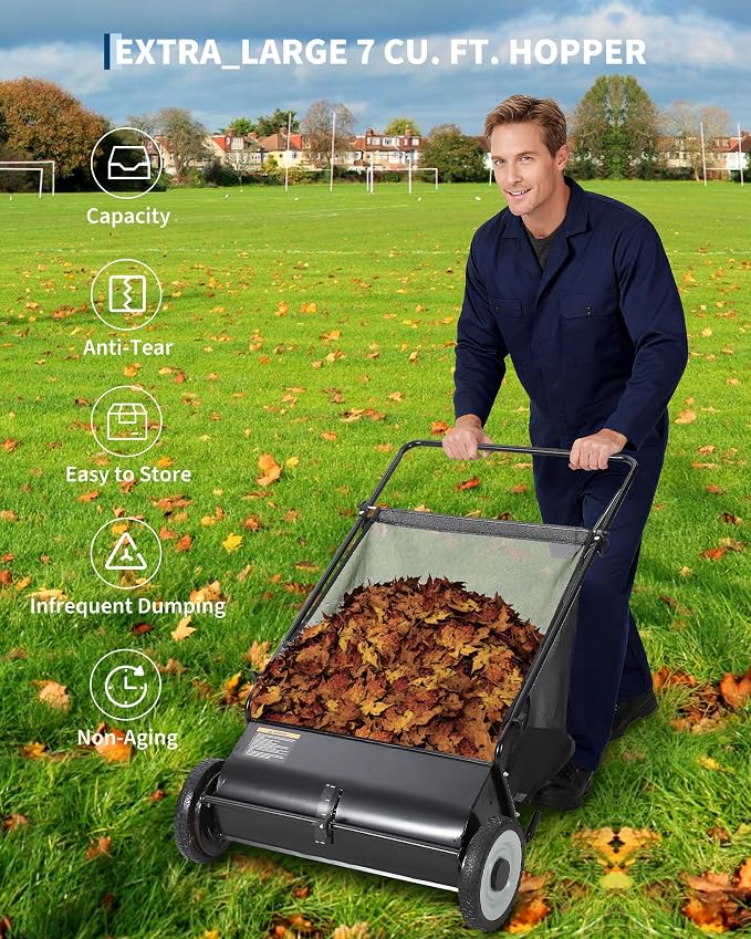 26-Inch Push Lawn Sweeper,7 Cu. Ft. Large Capacity Collection Bag,4 Spinning Brushes, Adjustable Height, Durable Steel Frame with Rubber Wheels, for Grass, Leaves & Debris Collector on All Terrains
