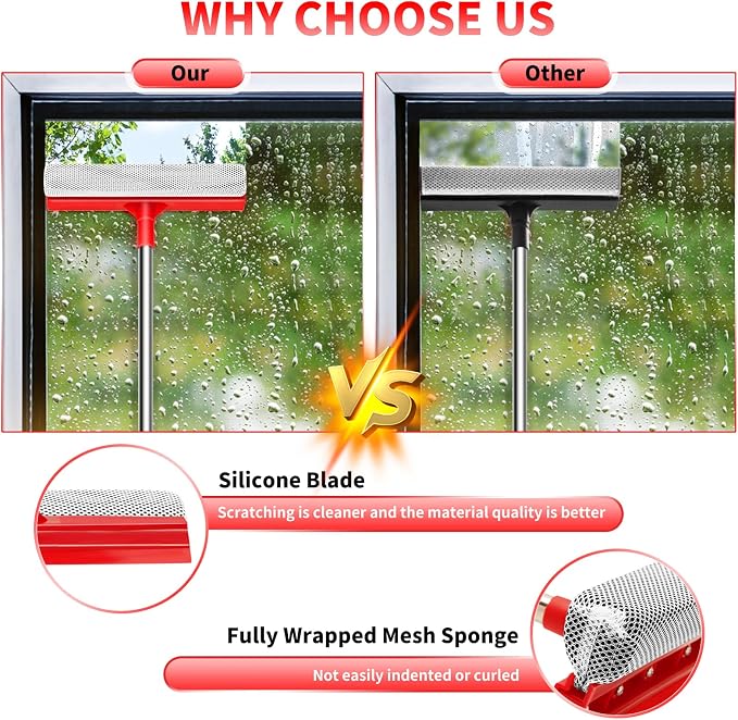 Window Squeegee with 18.5"-28.5" Retractable Handle, 2-in-1 Squeegee for Window Cleaning Tool for Cars, Trucks, Glass Doors, Shower, Outdoor Windows – Window Cleaner (Red)