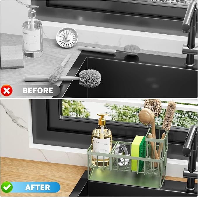 Cisily Kitchen Sink Caddy, Sponge Holder for Kitchen Sink, Kitchen Sink Organzier and Storage with High Brush Holder, 304 Stainless Gadgets Sink Accessories, Organizadores de Cocina Sage Green
