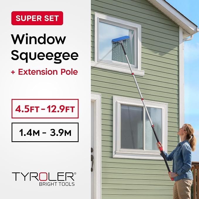 20 Feet High Reach Professional Window Squeegee with Extension Pole 5-13ft | | Squeegee for Window Cleaning Kit | Outdoor Window Cleaner Tool | Windows Washing Kit with Extension Pole