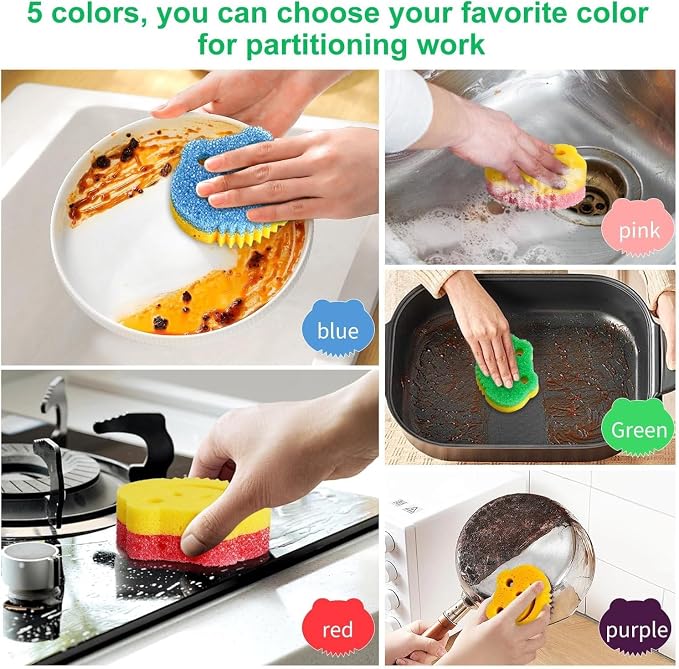 5 Pack Frog Dual-Sided Multi-Functional Scrub Sponge, Dual-Sided Temperature Controlled Kitchen Sponge for Dishes,Furniture,Scrub Sponges Household Cleaning Pads Bathroom Wall Cleaner