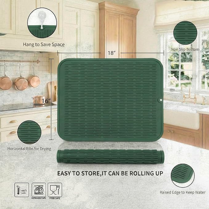 MicoYang Silicone Dish Drying Mat for Multiple Usage,Easy clean,Eco-friendly,Heat-resistant Silicone Mat for Kitchen Counter or Sink,Refrigerator or Drawer Liner Green XL 18 inches x 16 inches