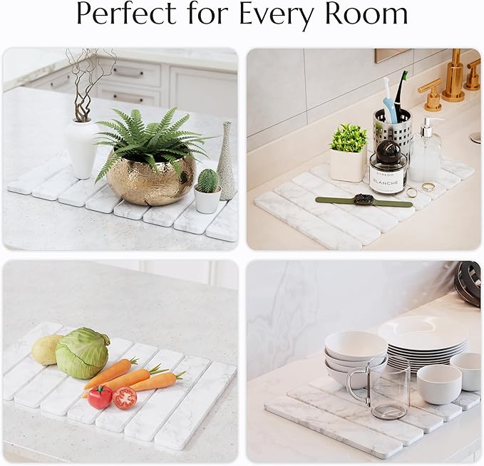 CHROME CLUB Stone Drying Mat for Kitchen Counter - Collapsible Diatomaceous Earth Dish Drying Stone - Fast Absorbent Stone Dish Drying Mat for Dishes and Pots (White Marble)