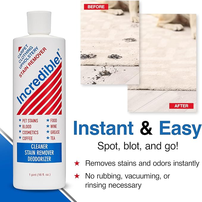 INCREDIBLE! Stain Remover | Instant Spot Remover for New & Old Stains | Cleaner, Stain Removal, Deodorizer - For Blood, Red Wine, Coffee, Urine & Pet Stains | Carpets, Laundry & Upholstery | 3 Pack