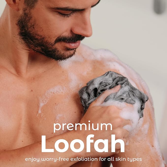 MainBasics Shower Loofah Sponge Pouf, Set of 3, Charcoal Infused | Soft Mesh Body Scrubber and Bath Sponge for Gentle Exfoliation, Rich Lather, and Everyday Shower Use