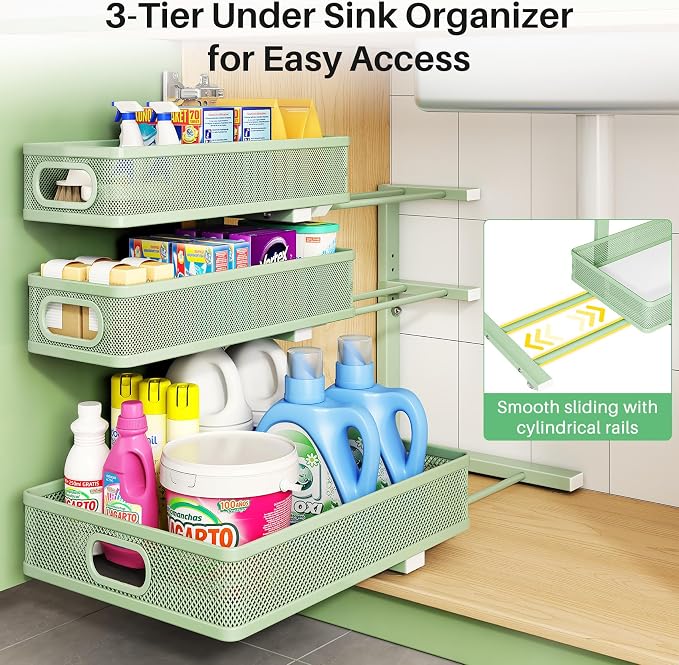 Kitstorack Under Sink Organizer, 2-Pack 3-Tier Height Adjustable Thickened Metal Pull out Cabinet Organizer Shelf, Slide out Storage Drawer Rack for Bathroom Kitchen Pantry Home Organization, Green