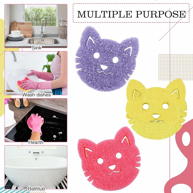 FillTouch 3 Pcs Dual Sided Scrub Sponge Multi Functional Cute Temperature Sensitive Non Scratch Dish Sponge for Washing Dishes Kitchen Bathroom(Cat,Pink, Yellow, Purple)