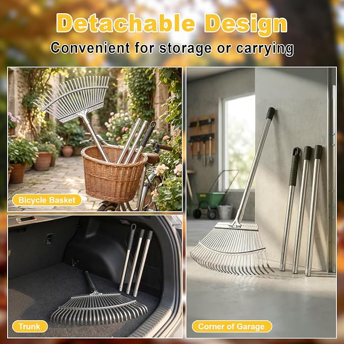 18-Inch Wide Heavy Duty Adjustable Yard Leaf Rake with 62-Inch Long Handle | Large Metal Leaf Rake, Rastrillo para Jardin for Lawn Yard Grass, Flower Beds, Outdoor Use